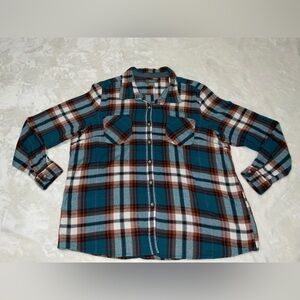 Natural Reflections Teal and Brown Plaid Flannel Button Down Shirt XXL